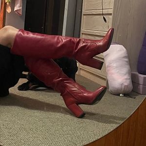 Knee-High, Red Block-Heeled Boots--Italian Leather Upper Size 10